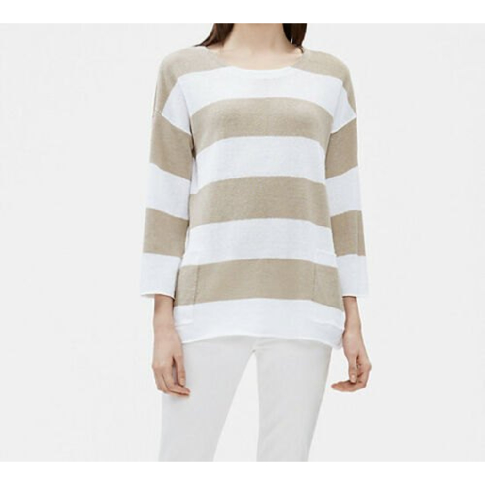 Eileen Fisher Women’s Organic Linen Knit Striped Sweater Top XS Tan White